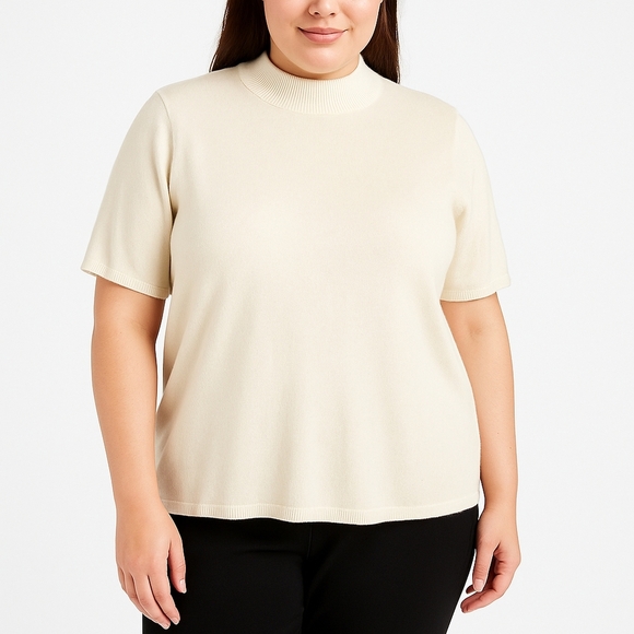 JM Woman by Jennifer Moore Cream Mock Neck Short Sleeve Sweater Top 1X Plus Size - Picture 1 of 6